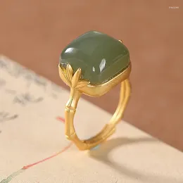 Cluster Rings Trendy Vintage Gold Color Green Opal Slub Simple Ethnic Ring For Women Mother's Gift Open Jewelry Drop