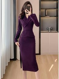 Casual Dresses Elegant Black Purple Pencil Blazer Dress France Notched Collar Long Sleeve Ruffles Slim Waist Office Formal Split Midi