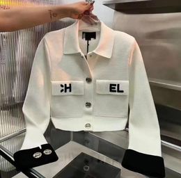 High quality women's polo knit sweaters fashion short length letter embroidery long-sleeved jacket with button black and white streetwear clothes