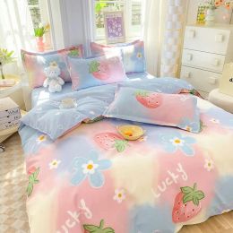 Set Korean Simple Strawberry Pattern Quilt Cover Bed Sheet Pillow Cover Bedding Set of Four Pieces Plus Size Double Bed Cover