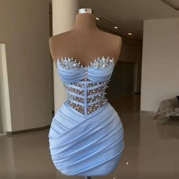 Sky Blue Cocktail Dresses Sweetheart Bead Sheath Mini Evening Formal Gown Pleat Satin Elegant Dres For Wedding Party 240228