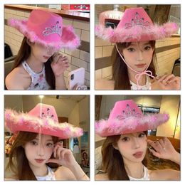 Berets Crown Pink West Cowboy Hat Western Cowgirl Stetson Edge Fedora Women Party Caps Tiara Feather Girls Hats Shiny Sequ L1P4