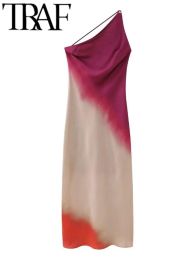 Dress TRAF Sexy 2023 Summer Thin Satin Asymmetric Tie Dye Print Women Midi Long Dress Sleeveless One Shoulder Female Dresses