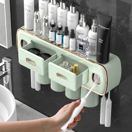 Heads Magnetic Adsorption Inverted Toothbrush Holder 2 Automatic Toothpaste Squeezer Dispenser Storage Rack Bathroom Accessories Set