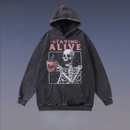 Men's Hoodies Sweatshirts TKPA Punk Skull Print Old Hooded Sweater American High Street Wash Hoodie for Men and Women