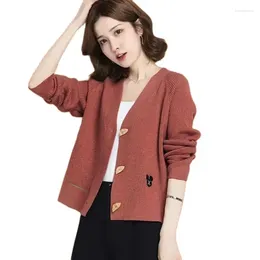 Women's Knits Spring Autumn Short Sweater Jacket Women 2024 Loose V-Neck Knitwear Coat Fashion Horn Button Pure Colour Cardigan Top Female