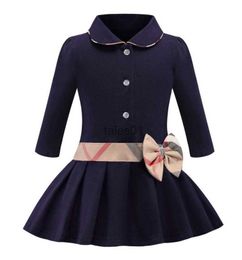 Basic Casual Dresses Kids Girl Lapel Collar bowknot Long Sleeve Pleated Toddler Elegant Children Designer Clothes 240302