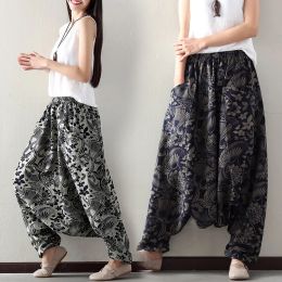 Capris Elegant Loose Cotton Linen Print Drop Crotch Harem Pants Bloomers Lantern Trousers Aladdin Indian Nepal Baggy Pants GD738