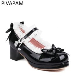 Women's Patent Leather Lolita Shoes Platform Mary Janes Gothic Ankle Strap Lace Bow Chunky Heel Uniform Dress Pumps 240228