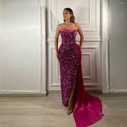 Party Dresses Glitter Formal Elegant Eveing Strapless Sleeveless Sequin Sparkly Satin Train Women Long Prom Pageant Gowns Custom Made