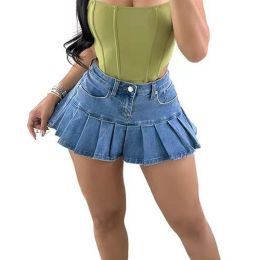 skirt Women Midriff Button Splicing Pocket Denim Pleated Skirt Ultra Short Halfbody Dresses New Sexy Nightclub Party Spice Girls Wear