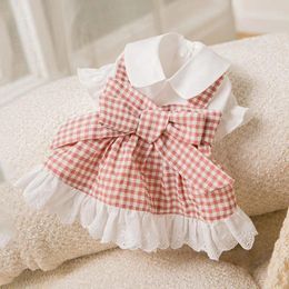 Dog Apparel Spring And Summer Pink Plaid Bow Lace Dress Small Cat Two-legged Pet Skirt Clothes For Dogs