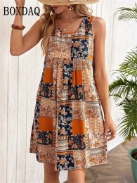 Dress 2023 Summer Dresses Women Vintage Plaid Print ALine Dress Elegant Trend Sleeveless Casual Beach Style Tank Dress Female Vestido