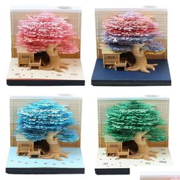 Calendar Wholesale Calendar Romantic Treehouse 3D Memo Pad Paper Carving Art Notepad With Led Lights Home Decoration Ornaments Sticky Dhql6