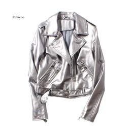 Jackets Spring Silver Leather Jacket Women Washed PU Leather Rivets With Belt Bomber Jacket Motorcycle Biker Coat