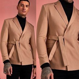 Men Suits Tuxedos Groom Wear Khaki Formal Suit Notched Lapel Lace-Up Custom Size 1 Piece Blazer
