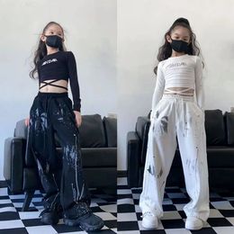 2023 Hip Hop Clothing Blue Crop Top Long Sleeve T Shirt Streetwear Cargo Jogger Pants for Girl Jazz Dance Costume Clothes 240220
