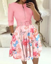 Dress Women's Dress 2023 Ladies Office Floral Print Colorblock Zipper Design Round Neck Casual Three Quarter Sleeves Dress with Belt