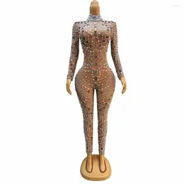 Stage Wear Sexy Transparent Mesh Pearl Rhinestones Jumpsuit Dancer Singer Nightclub Performance Stretch Bodysuit Party Dance Costume