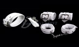 Bondage White PU Leather Handcuffs Ankle Cuffs Restraints Neck Collar With Chain Leash R985640783