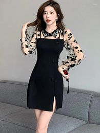 Casual Dresses 2024 Black Patchowrk Floral Mesh Long Sleeve Mini Dress Autumn Winter Elegant Female Korean Vintage Hepburn