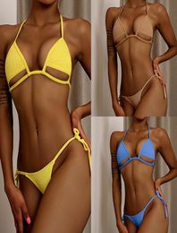 Womens Swimsuit swim bikini swimwear split Twopieces triangle cup sexy bikinis fold fabric yellow solid Colour fashion cutout summ9114466