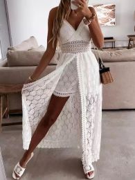 Dress wsevypo Women Spaghetti Straps Long Beach Dress Boho Summer Sleeveless Hollow Out Floral Lace Playsuit Sundress Lady Outfit