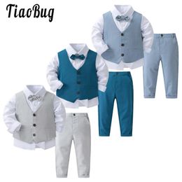 Boys Suits Gentleman Tuxedo Bow Tie Shirt Suit Vest Pants 4 Pcs Chic Toddler Baby Clothes Gentleman Outfit for Baptism Birthday 240228