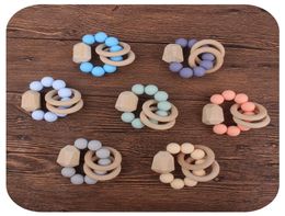 Baby Teether Rings Food Grade Beech Wood Teething Ring Soothers Chew Toys Shower Play Round Wooden Bead Newborn Silicone teethers 1395507