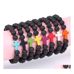 Beaded Car Dvr Strands Trendy 8Mm Black Lava Stone Turquoise Bead Cross Bracelet Oil Diffuser Volcanic Beads For Women Men Jewellery D Dhuyr