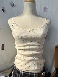 Floral Print Bow Tank Tops Women Y2k Vintage Hollow Out Sleeveless Beige Cotton Camisole Casual Harajuku Summer Slim Vests 240229