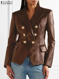 ZANZEA Solid Work Outerwear Women PU Leather Jacket Autumn Buttons Thin Blazer Vintage Long Sleeve Casual Lapel Collar Coat 240220