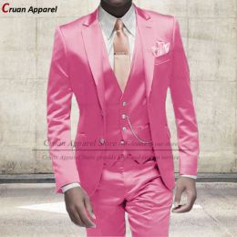 Suits 2022 Luxury Shiny Pink Suit Men 3Pcs Slim Fit Prom Party Wedding Groomsmen Groom Suit Tuxedo Fashion Gold Blazer Vest Pants Set