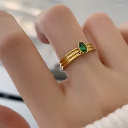 Cluster Rings 2024 Stainless Steel 18K Gold Plated Cubic Zirconia Oval Band Ring For Wedding Party Green Stone Stacker Women Jewellery