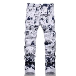 Retro White Jeans Slim Fit Pants Mens Denim Doodle Big Pocket Cargo Pant Hip Hop Trousers For Male