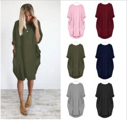 Dresses New Women's Dress Casual Loose Princess Cuff Pocket Long Sleeve Crew Neck Solid Colour Dress Maternity Gown