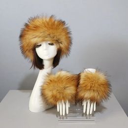 Caps Faux Fur Hat And Cuffs Set Autumn Winter For Women Solid Fluffy Warm Beanies Ladies Different Colours