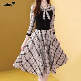 Dresses Office Lady Fashion Spring Autumn Slim Long Sleeved Dress Patchwork Empire Plaid Elegant Slender Turndown Collar Women Clothes