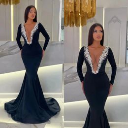 Simple Mermaid Evening Dresses Crystal Prom Dress Deep V Neck Long Sleeves Party Dresses for Special Occasions Custom Made