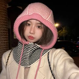 Korean Splicing Striped Balaclava Hats Women Autumn and Winter Warm Scarf Integrated Ear Protection Knitted Pullover Beanies 240223