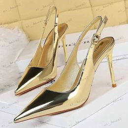 Dress Shoes Women 9.5cm High Heels Gold Sandals Lady Glossy Leather Stripper Slingback Sandles Stiletto Heels Wedding Bridal Mules Shoes T240302