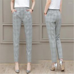 Women's Pants 2024 Spring Autumn Korean Thin Elastic High Waist Folds Plaid Pockets Straight Slim Small Feet Casual Harlan