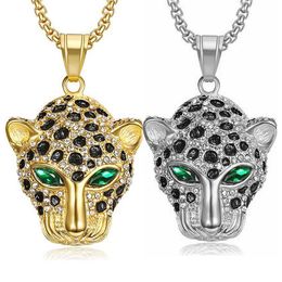 Colar com pingente de cabeça de leopardo, hip hop, masculino, presente, titânio, aço 18k, joias de rap banhadas a ouro