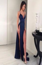 Casual Dresses Split Legs V Neck Dress Floor Length Navy Red Summer Satin Spaghetti Strap Sleeveless Party9921070