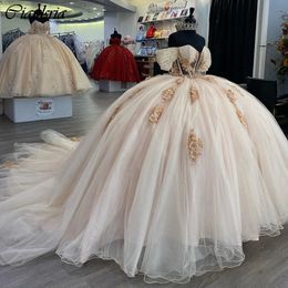 Champagne Off The Shoulder Beading Ball Gown Quinceanera Dresses Illusion 3D Flowers Appliques Lace Corset Vestidos De 15 Anos