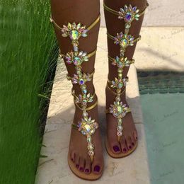 Sandals Summer Flats Sandal Gladiator Gold Rhinestone Knee High Buckle Strap Woman Boots Crystal Beach Shoes Plus size 43 T240302