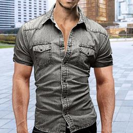 Men's Casual Shirts Denim Shirt Shrink Resistant Office Buttons Placket Classic Summer Solid Colour Top Streetwear