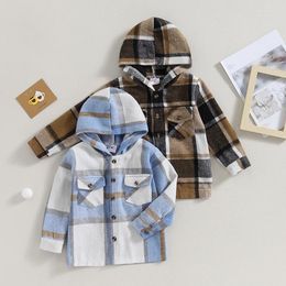 Jackets Kids Plaid Shirt Jacket With Pockets Baby Girl Boy Long Sleeve Hooded Button Closure Outwear Fall Winter Clothes