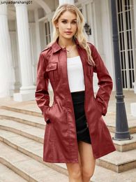 Womens Leather European and American Mid-length Faux Coat with Belt Spring Autumn Long-sleeved Fashion British Jacket Women