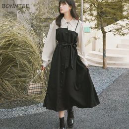 Dresses Long Sleeve Dress Women Patchwork Turndown Collar Sashes Design Allmatch Vestido Stylish Korean Style Elegant Basic College